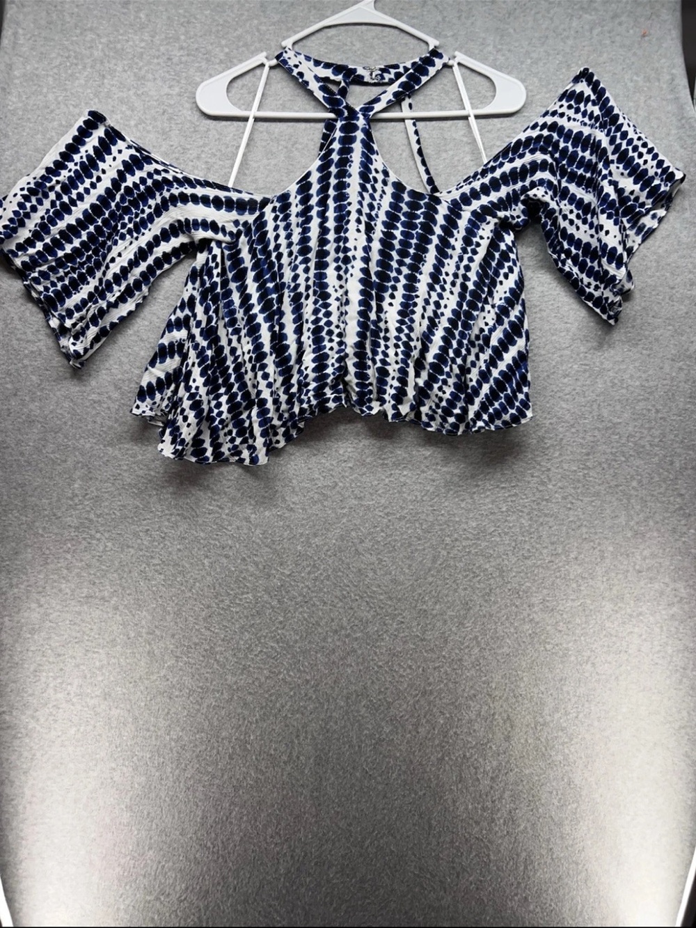 Olivaceous Navy & White Tie-Back Cold-Shoulder Crop Top